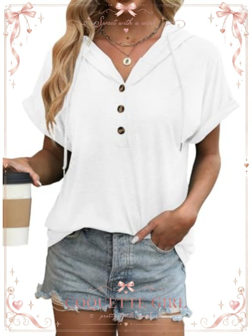 Oversized Rolled Short Sleeve Summer Hoodie Henley Button T Shirt